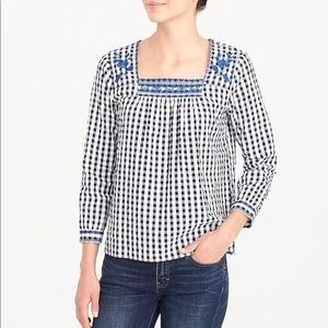 J. Crew Factory Gingham Embroidered Peasant Top 💙